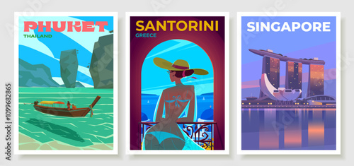 Phang Nga Bay of the Andaman Sea. Aegean Sea. Sntorini, Greece. Singapore at night. Marina Bay Sand, Art Science Museum.