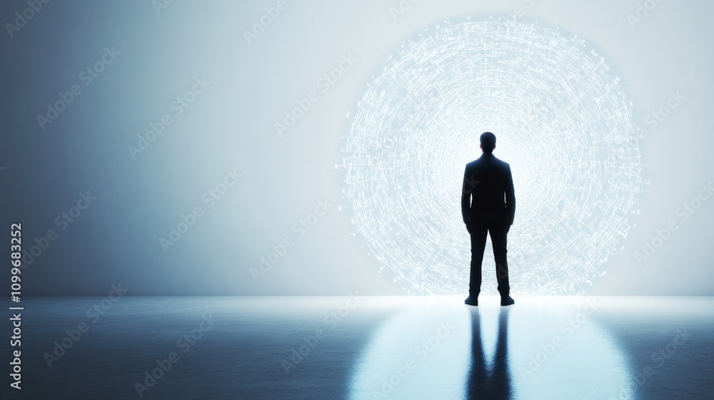 Obraz premium A professional standing in a ring of language symbols, glowing against a clean white backdrop