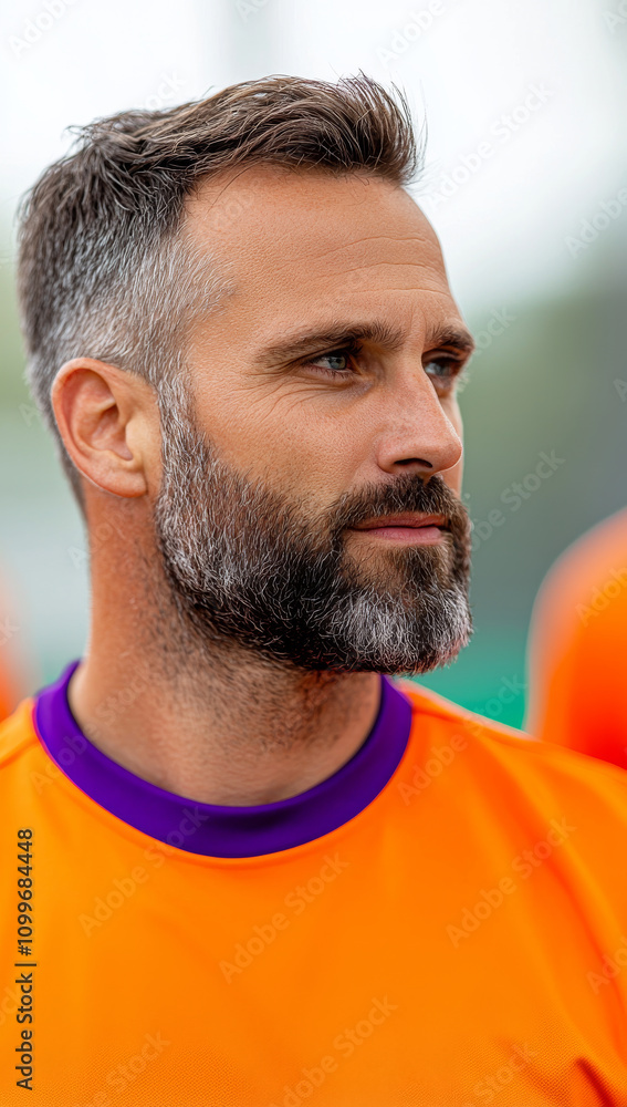 Fototapeta premium focused man in orange sports jersey, showcasing determination and confidence