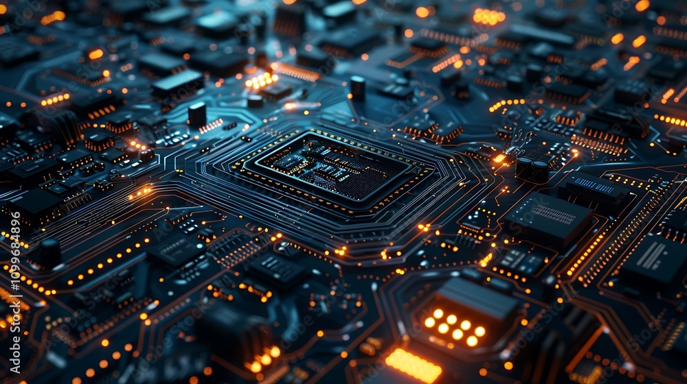 Obraz premium A detailed close-up of a circuit board with glowing components, illustrating advanced technology and electronics.