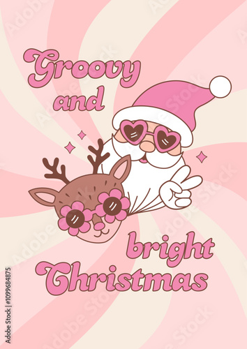 Christmas card with cute Santa Claus and reindeer