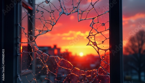 Dramatic sunset view through shattered window. Fiery colors distorted by glass fractures. Urban scene visible behind shattered glass. Beautiful sunset view broken, fragmented. Visual contrast between
