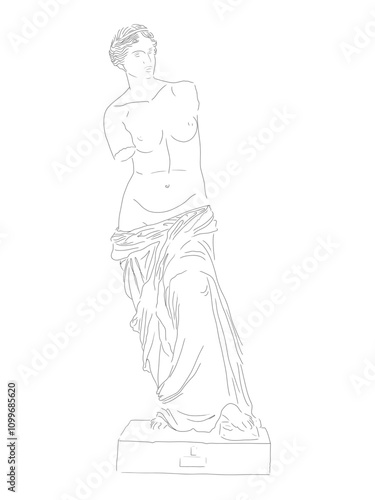 Venus de Milo Sculpture Line Drawing Vector, classical Italian roman fine art history, minimal figure of a woman, museum and art gallery illustration, renaissance marble statue artefact for education