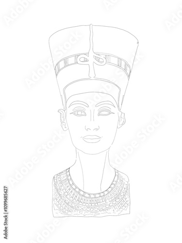 Bust of Queen Nefertiti Sculpture Line Drawing Vector svg ancient Egyptian Egypt history pharaoh statue illustration museum art gallery still life minimal culture royal lesson school middle east