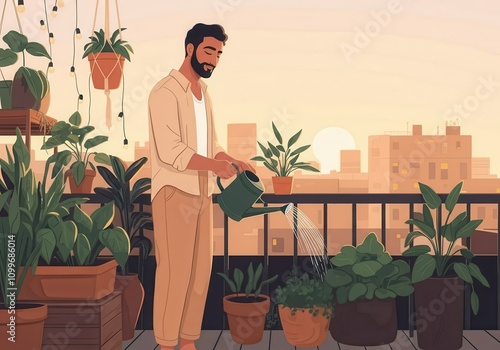 Hispanic young male watering plants on balcony at sunset photo