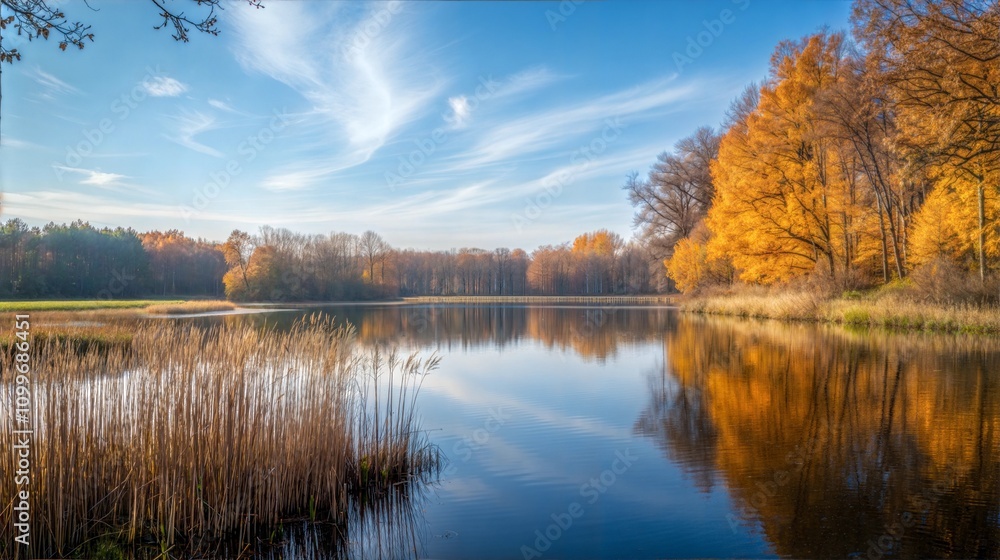 Fototapeta premium Scenic autumn landscape background with a calm lake, golden trees, and a clear blue sky reflecting on the water. Nature and seasonal concept.