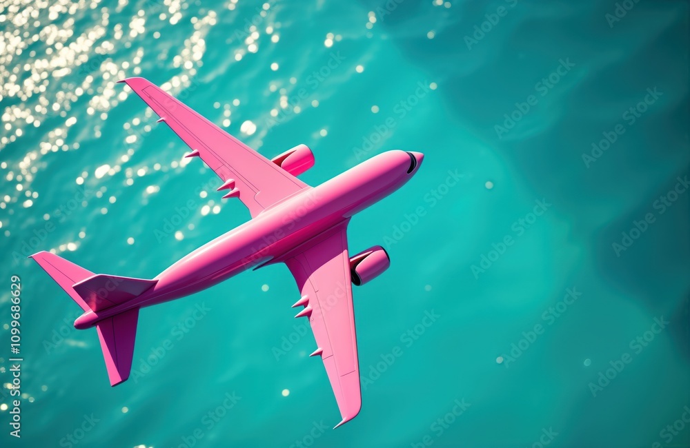Fototapeta premium Pink airplane floats over turquoise water. Creative vacation concept. Fun travel idea. Unique, colorful design. Perfect for travel agency, tourism business, branding concept. Modern illustration.