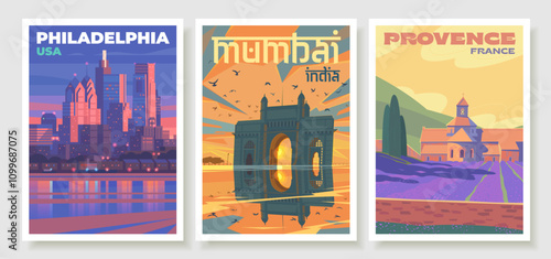 Philadelphia across the Delaware River. A view of the Gateway of India. Mumbai. View of the Sénanque Abbey in Provence.