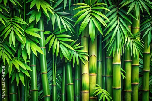 Lush green bamboo backdrops complemented by tropical leaves, perfect for eco-conscious designs and nature-centric themes, adding vibrancy and serenity to your projects.