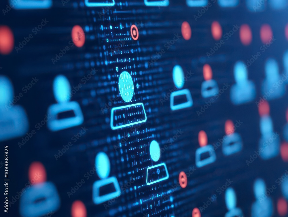 Fototapeta premium Privacy data with Techno concept. Digital network of user icons on a tech background.