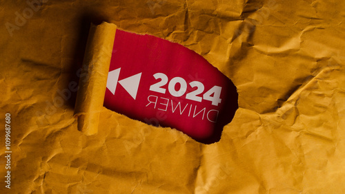 A piece of crumpled brown paper with a small tear in it. Through the tear, a red background is visible with the text 