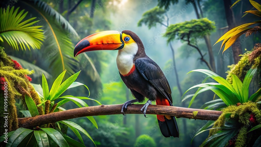 Obraz premium Lush rainforest, high detail, showcasing a toucan in the foreground.