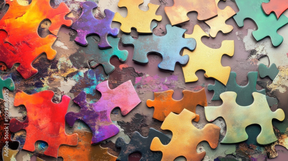Fototapeta premium A surrealistic depiction of a puzzle with pieces in different colors and patterns, Symbolizing the integration of diverse elements, photography style