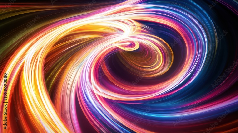 Obraz premium A swirling abstraction of colorful light trails merging into a central focal point, Illustrating the convergence of diverse ideas into a unified vision, photography style