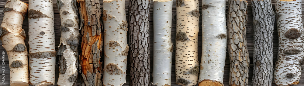 Fototapeta premium Various types of wood logs with bark.