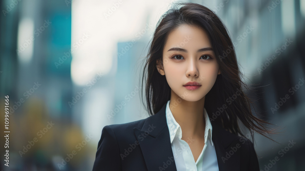 Naklejka premium Professional portrait of a confident Asian woman in urban setting