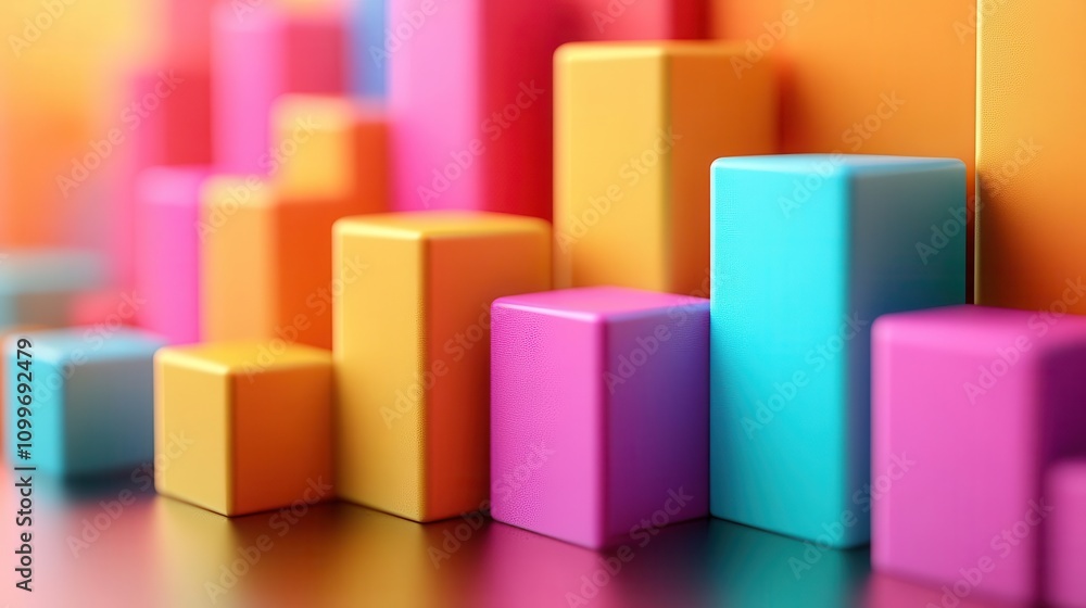 Obraz premium A vibrant display of colorful geometric blocks arranged in varying heights, resembling a bar graph or chart.