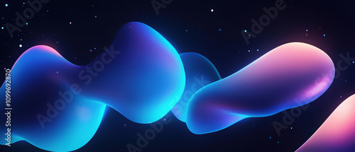 A series of interconnected, fluid 3D shapes stretches across a starlit dark background, transitioning from electric blue to soft pink gradients. Generative AI. photo