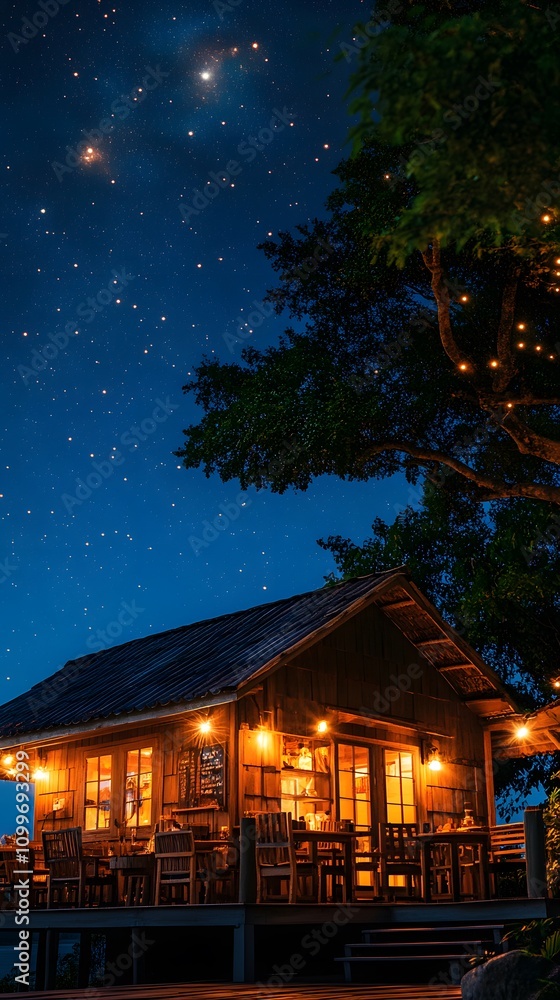 Obraz premium Charming wooden café illuminated under a starry night sky.