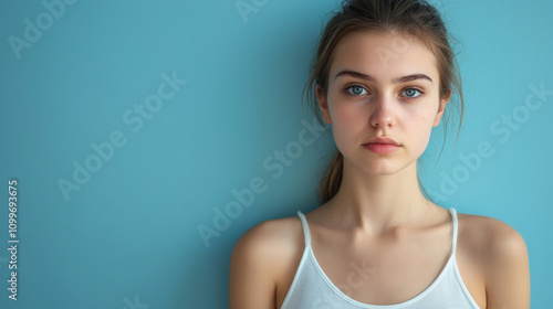 Portrait of a thoughtful young woman against a blue background