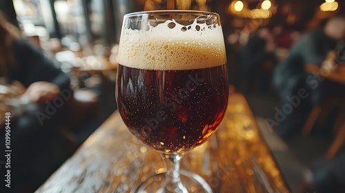 Cold barley wine in a snifter, rich foam spilling over, dark cozy pub lighting with a tranquil vibe. photo