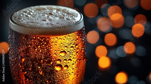 Close-up of cold pilsner in a schooner, sharp focus on condensation, set against a dark industrial bar background.