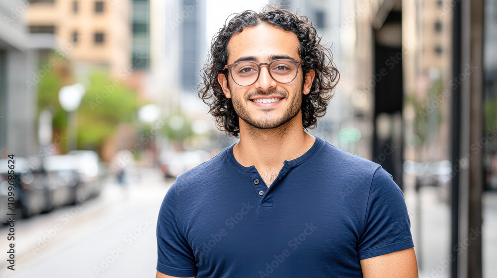 Fototapeta premium Young Man Smiling Confidently on Urban Street Enhances Professional Image for Career Success
