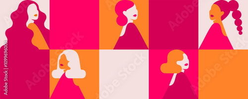 Poster with silhouettes of women and square empty spaces for text. Horizontal Banner with girls in pink colors for Womens Day celebration. Vector background for Empowerment of females.