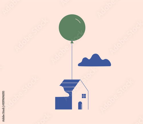 House flying on green balloon as symbol of freedom, new step life, eco lifestyle and journey. Moving, Immigration, refugee, nomadism concept.  Vector illustration