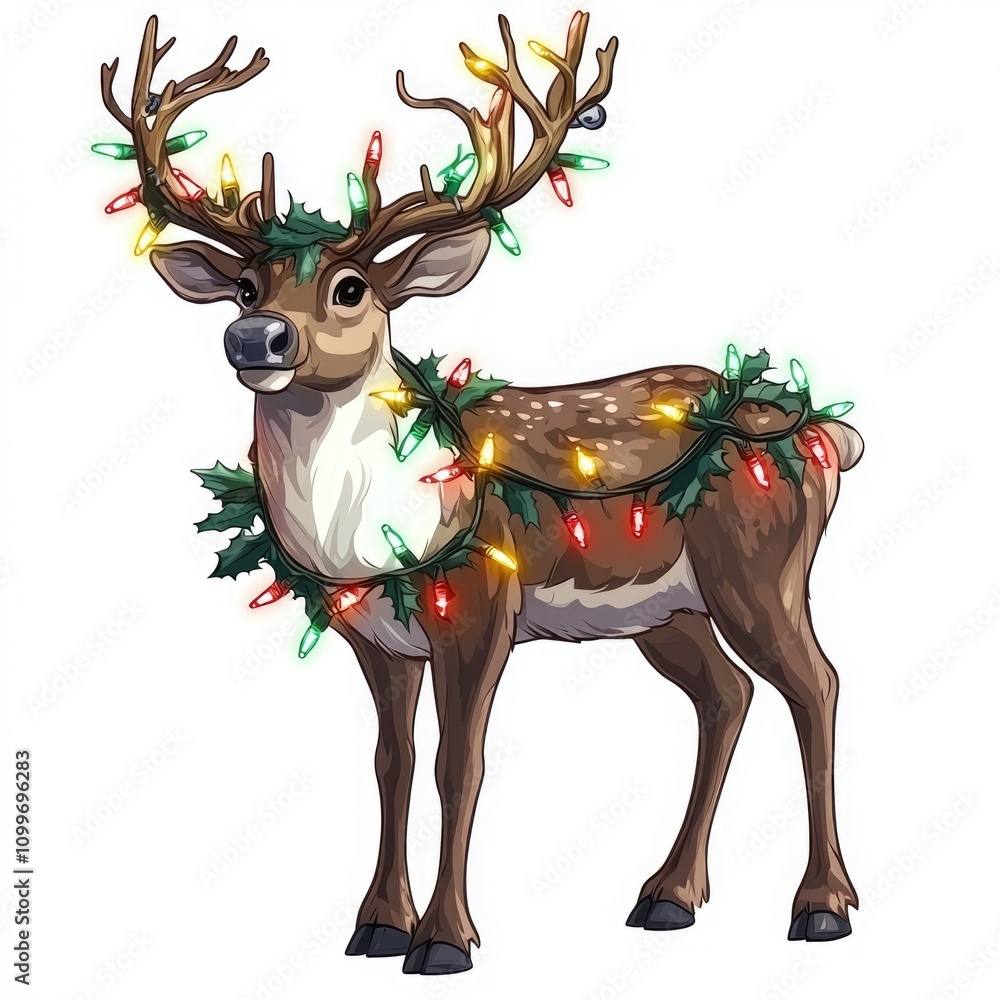 Obraz premium Festively decorated reindeer with colorful lights and greenery for a cheerful holiday vibe.