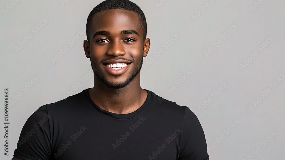 Obraz premium Young African American Man Smiling Confidently in Black T-Shirt
