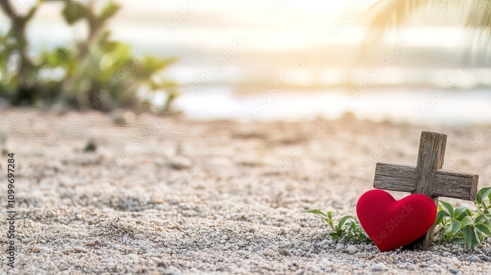 Fototapeta premium Symbolic red heart resting beside a wooden Christian cross on a gravel floor basking in the morning light with the beach and sea beyond representing the promise of salvation and the love of Jesus