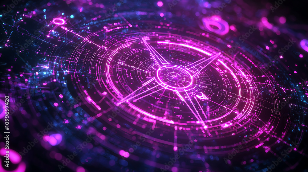 Obraz premium vibrant digital artwork showcasing a glowing pink and blue compasslike design intricate circuitry and bokeh effects It evokes technology future, and cosmic themes