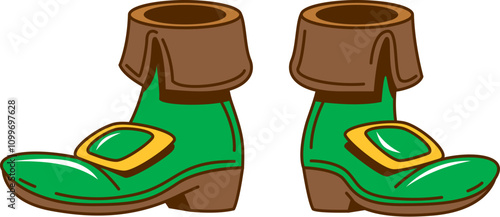 Cartoon leprechaun boots, Saint Patrick day retro groovy holiday objects. Isolated vector green, buckled shoes. Iconic dwarven footwear in irish folklore, symbolizing legendary mischief and magic