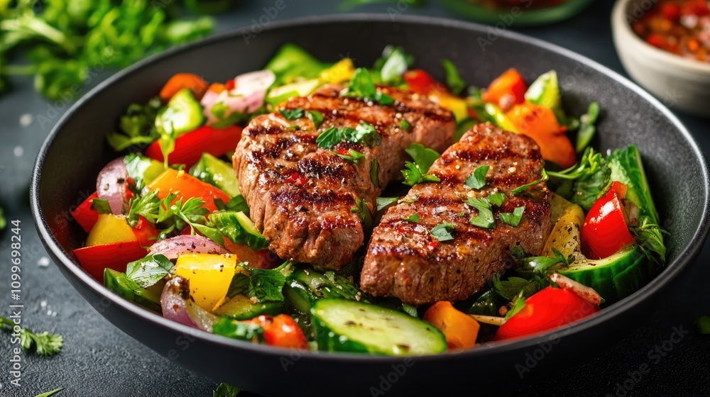 Grilled veal fillets atop a colorful medley of fresh vegetables, featuring vibrant greens, tomatoes, and cucumbers in a dark bowl. Grilled veal fillets atop a colorful medley of fresh vegetables, featuring vibrant greens, tomatoes, and cucumbers in a dark bowl.