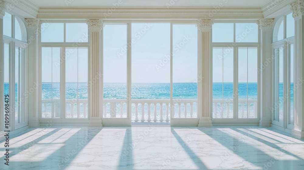 Fototapeta premium Ocean View Room With White Columns And Marble Floor
