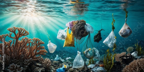 Underwater pollution with trash and corals in vibrant marine ecosystem photo