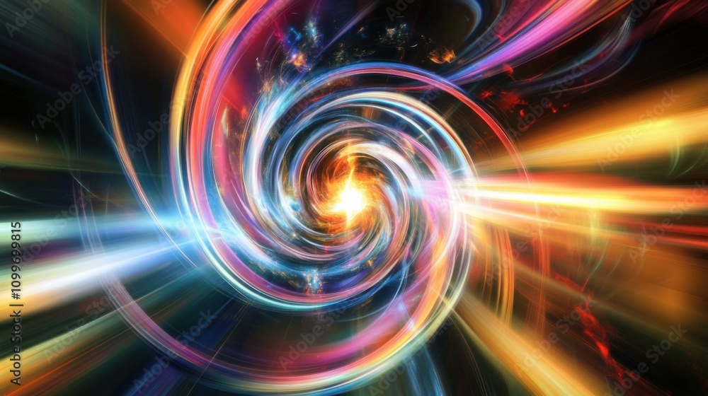 Obraz premium Abstract depiction of diversity with a radiant burst of colorful, interconnected rings expanding outward from a central point in a minimalist space, Photo of