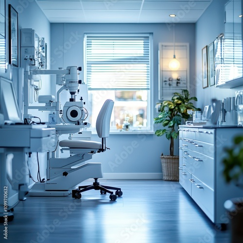Vision and eye health in an optometry office with ophthalmic test equipment in an empty room at the optometrist.