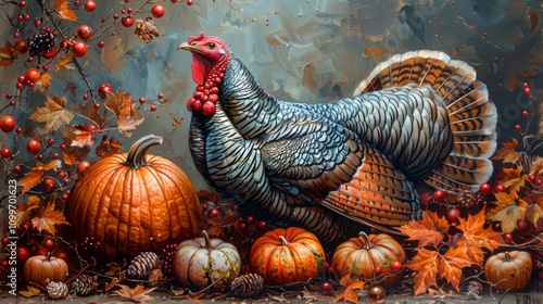 Thanksgiving and Harvest Festival. Capture the intricate details of each object, from the delicate veins of a pumpkin leaf to the glistening texture of a turkey's skin. photo