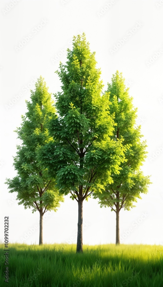 Obraz premium Three European Ash trees stand in a field of tall grass. Bright sun illuminates the green leaves and grass. Isolated backdrop. Summer season. Ideal for eco tourism or nature illustration.