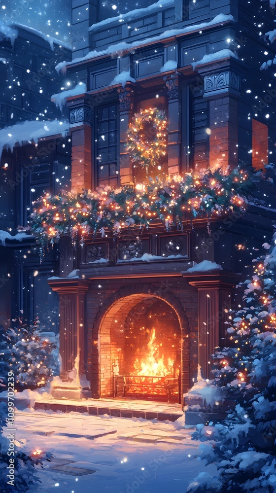Obraz premium A cozy winter scene featuring a beautifully decorated fireplace.