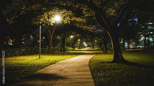 A scenic park pathway under soft lights, winding through lush greenery with silhouetted trees against a starlit sky, evoking a sense of tranquility photo