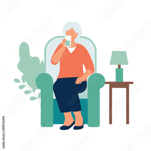 Elderly woman sitting in armchair and talking on phone. Flat vector illustration.