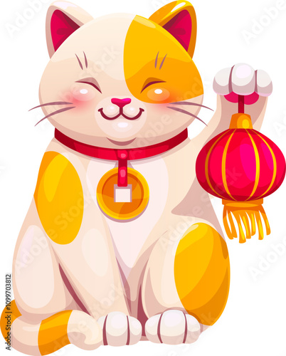 Cartoon Japanese Maneki Neko lucky cat smiling with raised paw holding a red festive lantern. Isolated vector cat features red bib with a gold coin medallion, and a welcoming, cheerful expression