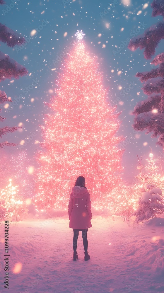 A young woman gazes at a glowing pink Christmas tree in a snowy wonderland. A young woman gazes at a glowing pink Christmas tree in a snowy wonderland.