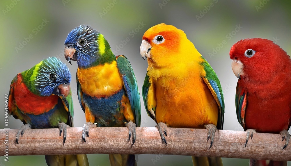 Obraz premium Different colored parrots on a branch in the zoo.