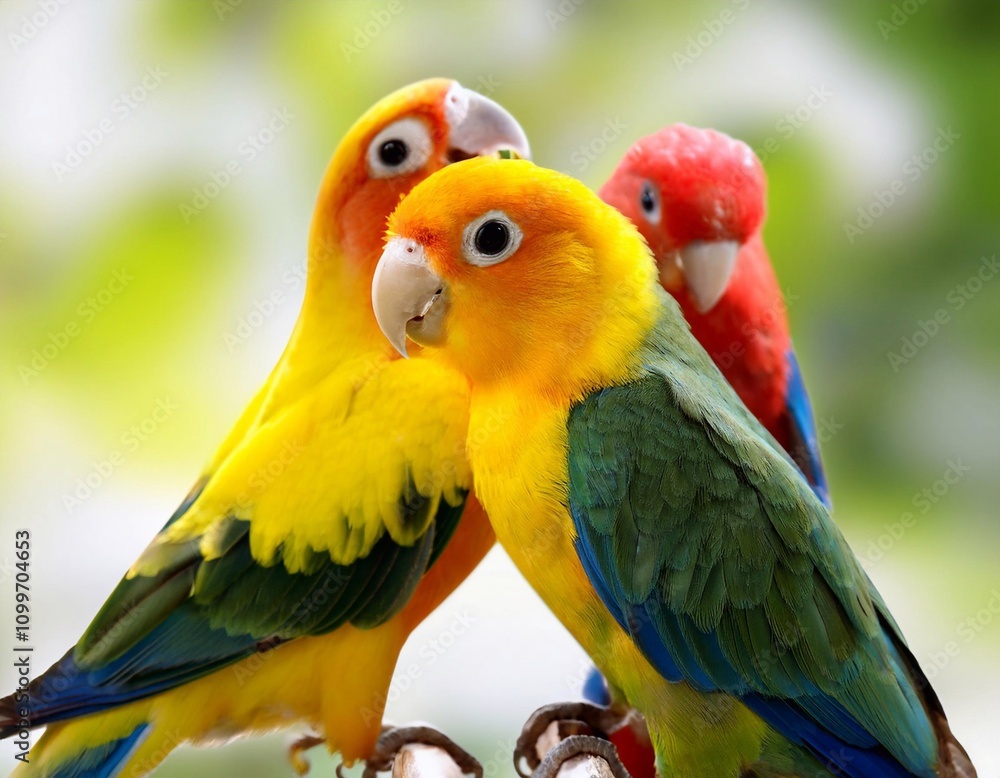 Obraz premium Different colored parrots on a branch in the zoo.