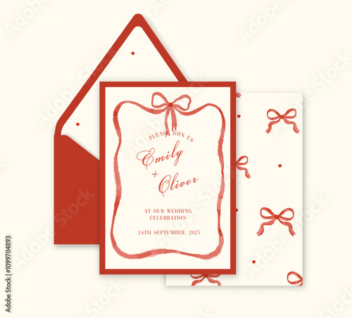 Trendy Coquette ribbon bow Watercolor wedding invitation card template.