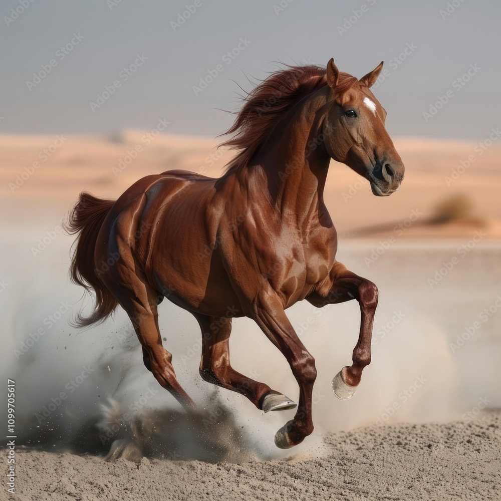 Obraz premium Beautiful red horse running on desert storm horse